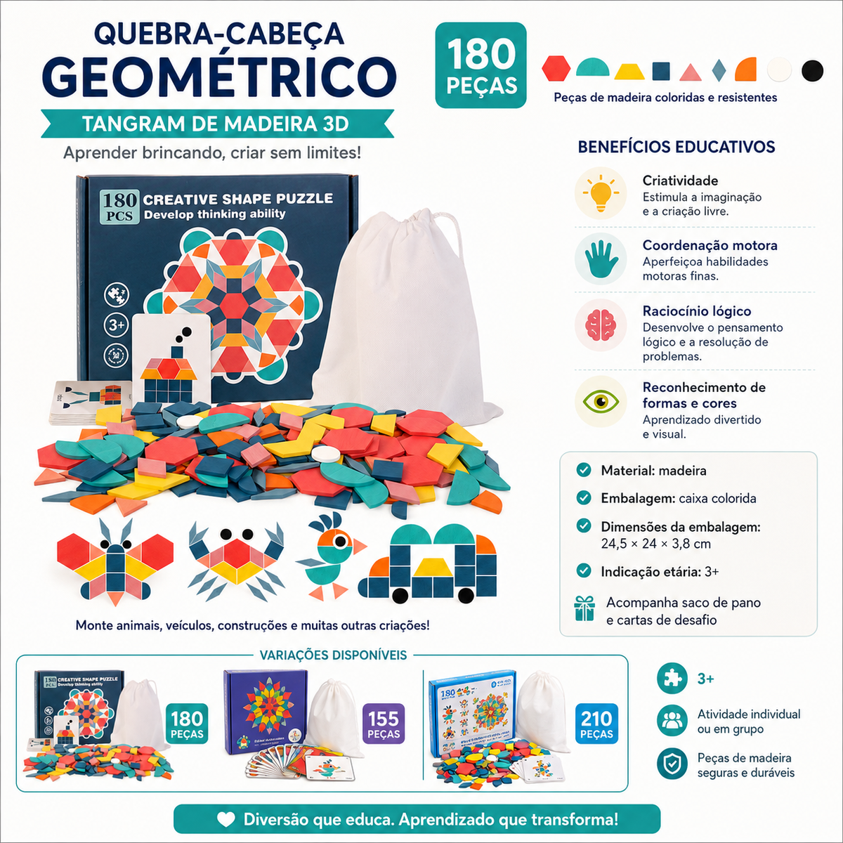 Quebra cabeça Geométrico Tangran de Madeira 3D Montessori